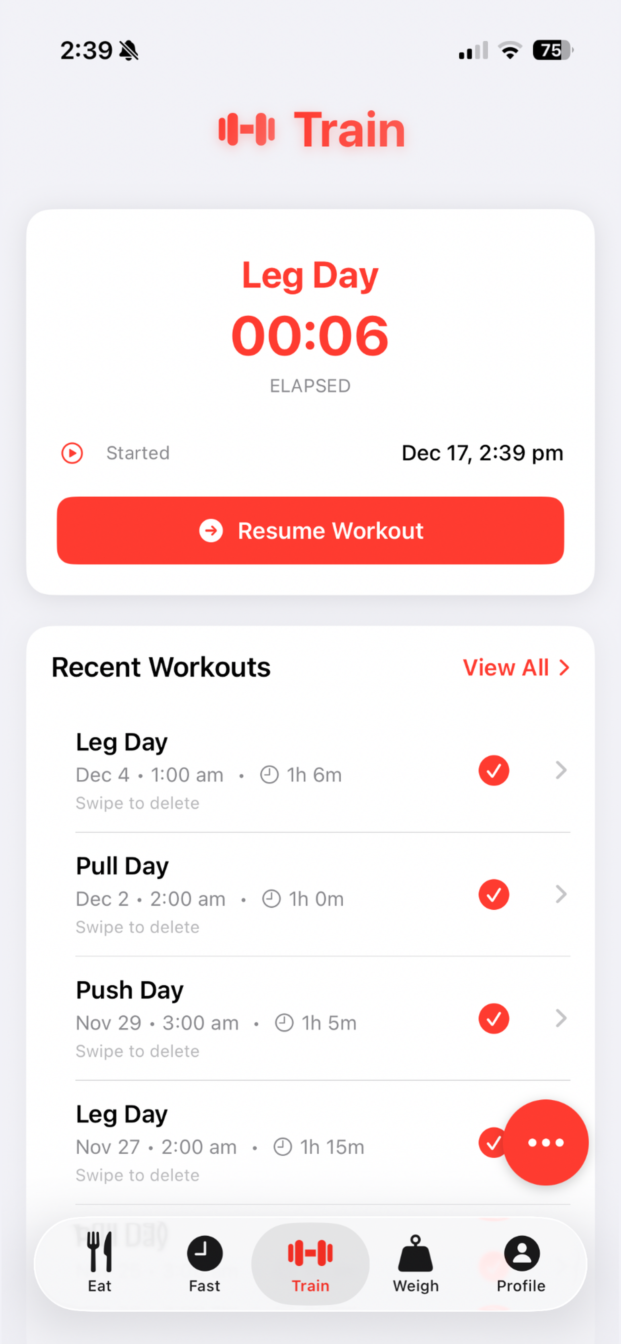 EatFastTrain - Workout Tracking